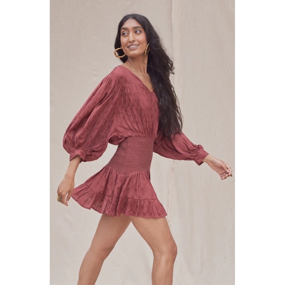 Jen's Pirate Booty Burgundy Nebula smocked Mini Dress SM Balloon sleeve beach